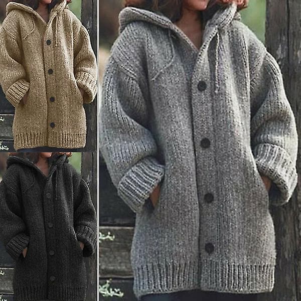 [LCS] Knappad huvtröja stickad kofta ytterkläder enfärgad långärmad kompatibel med vinter XL