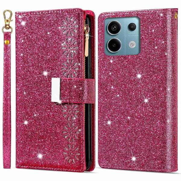 Til Xiaomi Redmi Note 13 5G Etui Lynlås Pung PU Læder Glitter Telefon Cover Multicolor Style E