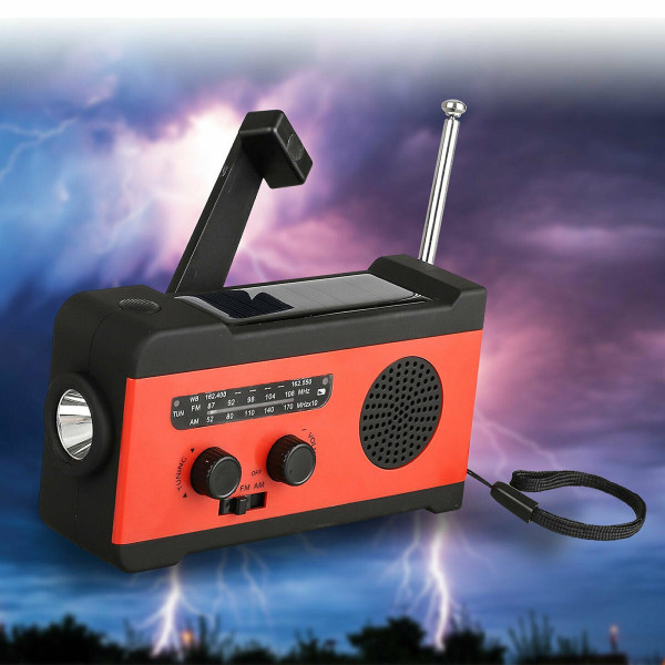 Nödladdare med Solceller, Vevradio, Väderradio, Laddare och Ficklampa