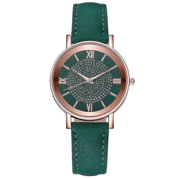 Starry Sky Dial Fashion Roman Index Rhinestone Läder Dam Quartz Watch Green Color