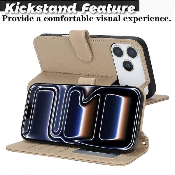 [LCS]Kompatibel med iPhone 17 Pro Stativfodral Litchi Textur Äkta Kohud Plånboksfodral RFID Grey