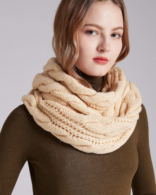 [LCS] Damstickad Infinity Scarf Cirkel Loop Varm Mode Tjock Ribbad Halsduk Beige