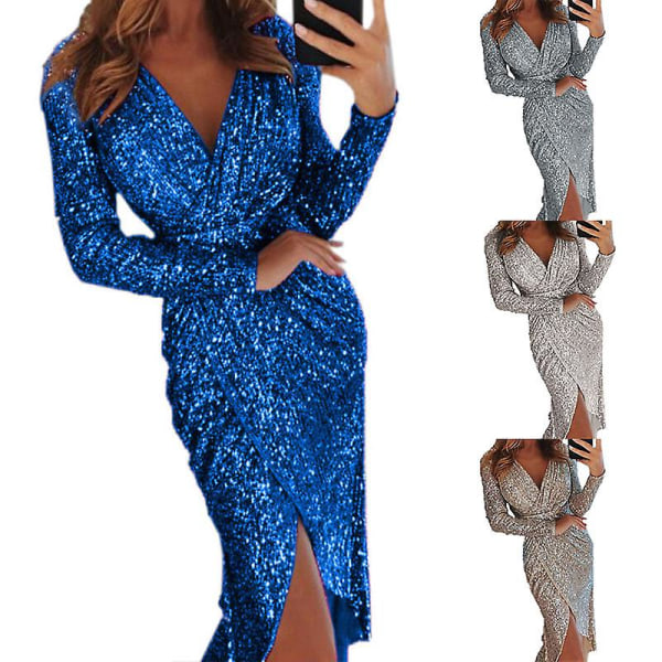 Kvinnor Paljett Glitter Festklänning V-hals Bodycon Slimma Eleganta Nighclub-klänningar Blue