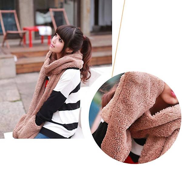 Vinter Varm Dame Hettegenser Hansker Lomme Øreklaff Lue Langt Skjerf Sjal Snood Wraps Khaki