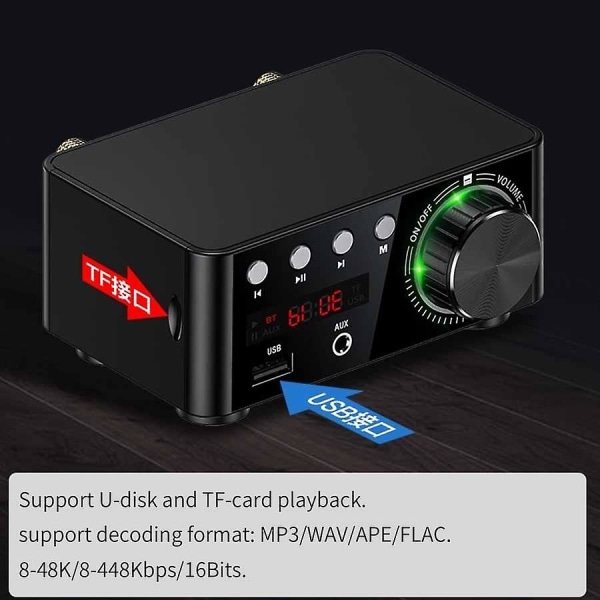 100W HiFi Förstärkarklass Bluetooth 5.0 Liten Digital Effektförstärkare Stöder U Disk SD-kort RCA Ljudingång