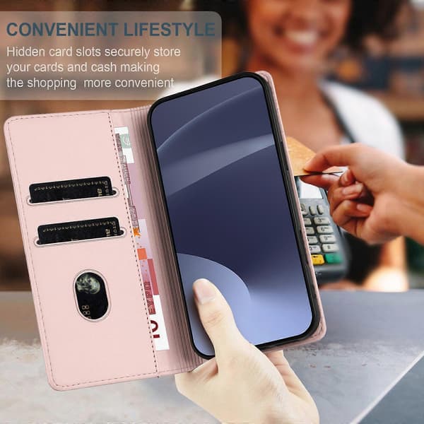 [LCS]Etui til iPhone 15, blødt PU-læder Folio Flip Kickstand Stødsikkert telefonetui - Mørkegrøn Pink