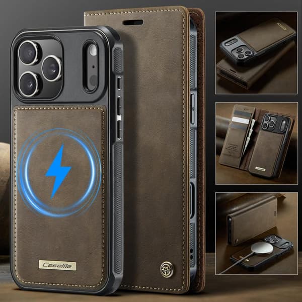 [LCS]iPhone 17 Pro -nahkakotelo MagSafella ja RFID-estolla, irrotettava lompakko Kaffe