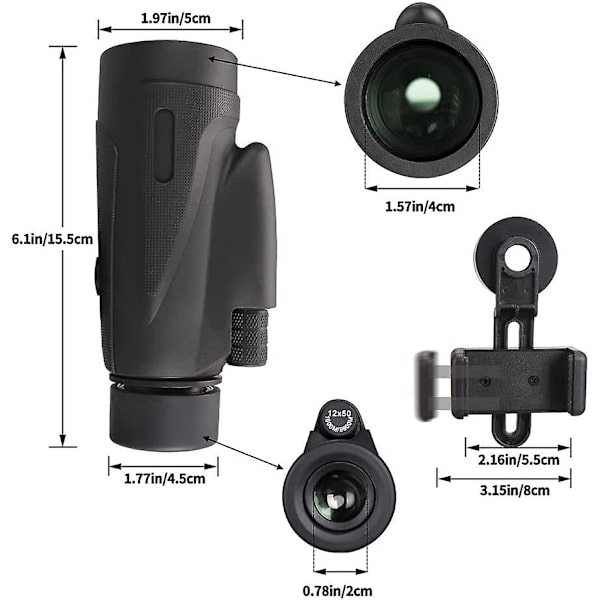Monokulær teleskop med smartphone adapter stativ, HD 12x50 vandtæt, Bak4 Fmc prisme linse
