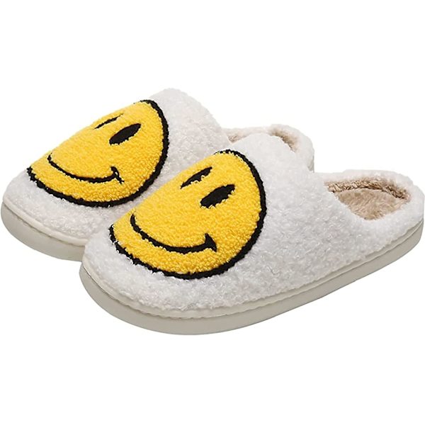 Smiley faceslippers, retro bløde plys lette hjemmesko slip-on hyggelige indendørs udendørs slippers White 7-8