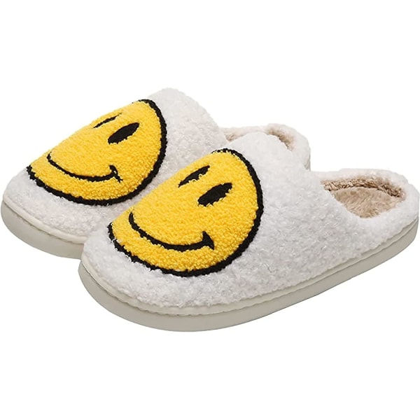 Smiley tofflor, retro mjuka plysch lätta tofflor slip-on mysiga inomhus utomhus tofflor White 9 wide