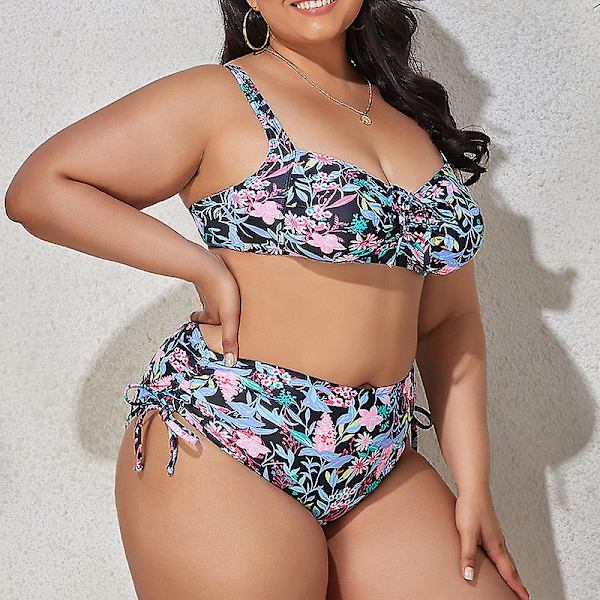 Naisten Oversize Bikini 2-osainen Rypytetty Pehmustettu Uima-asu Säädettävät Olkaimet Black L