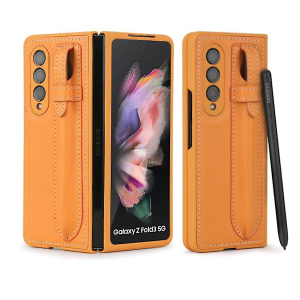 Läder Telefonfodral Kompatibelt med Galaxy Fold 3 5g Med S-pen Hållare Yellow Brown