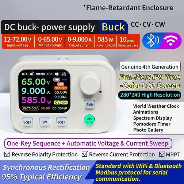 XY6509W DC Step-Down Strømforsyning 65V 9A 585W Digital Step-Down Omformer WiFi Bluetooth MPPT IPS Fargeskjerm