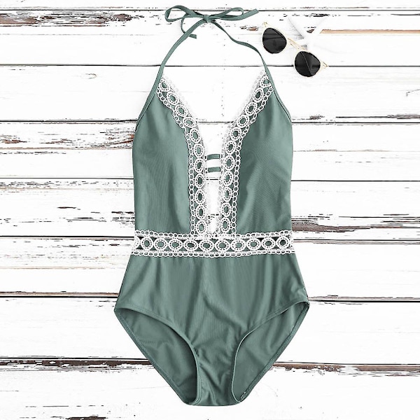 Sexy Dame Halter Hel Badedrakt Monokini Blonde Spleis Sommer Strandklær Green M