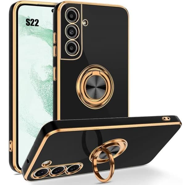 [LCS] Silikonecover - Booling - til Samsung Galaxy S22 - 360° rotationsringstativ - Sort - Blød Svart