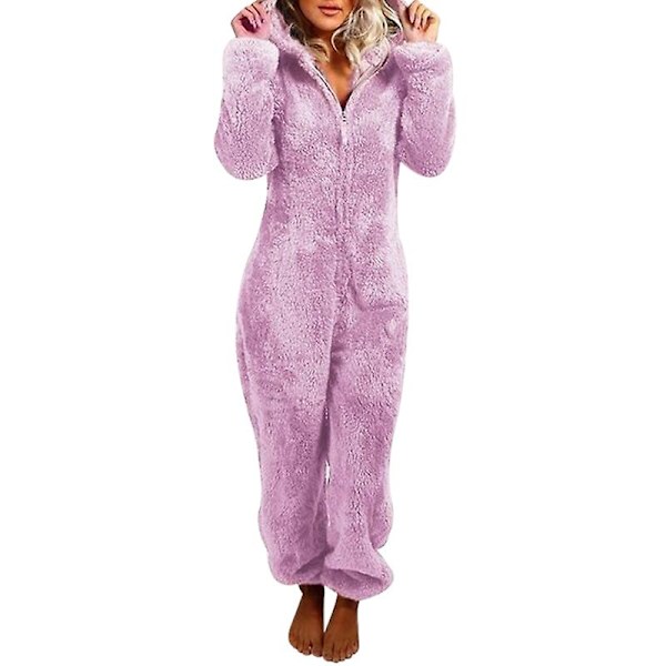 Bedårande Jumpsuit med dragkedja och huva, Fleece Pyjamas Dam Långbyxor Sovkläder Plysch Hoodies Sovkläder Light Purple S