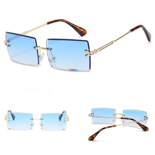 (Guldram Gradient Blått Glas) UV400 Rektangulära Skurna Bågfria Solglasögon Tonade Glas ModeTrendiga