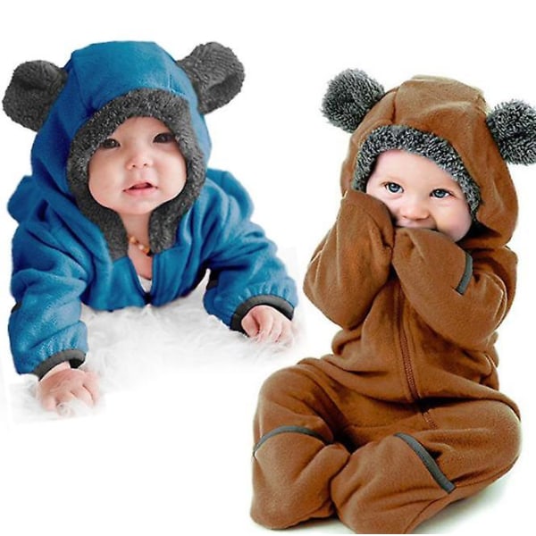 Nyfödd Baby Jumpsuit Fleeceoverall med Huva Långärmad Onesie Ytterkläder blue 100 yards