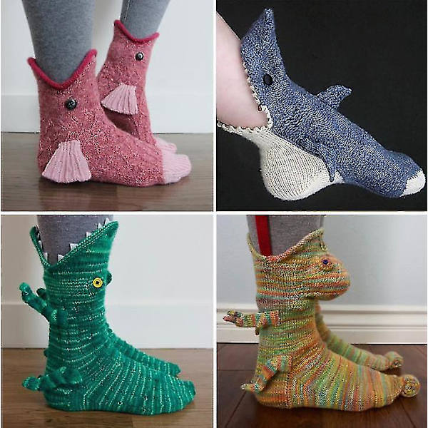 Stickade Krokodilsockor för Kvinnor Kreativa Djurformade Ankelsockor Vintervarma Green crocodile