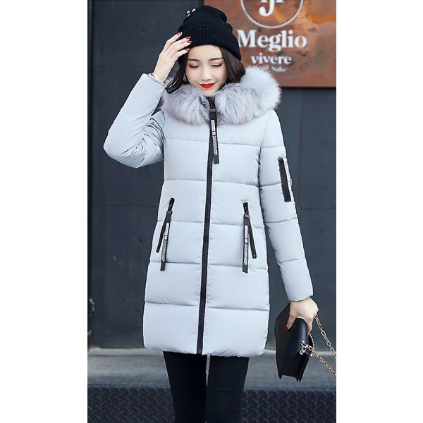 Dame Pufferjakke Vinter Lang Frakke Almindelig Pasform Varm Basic Casual Jakke Gray M