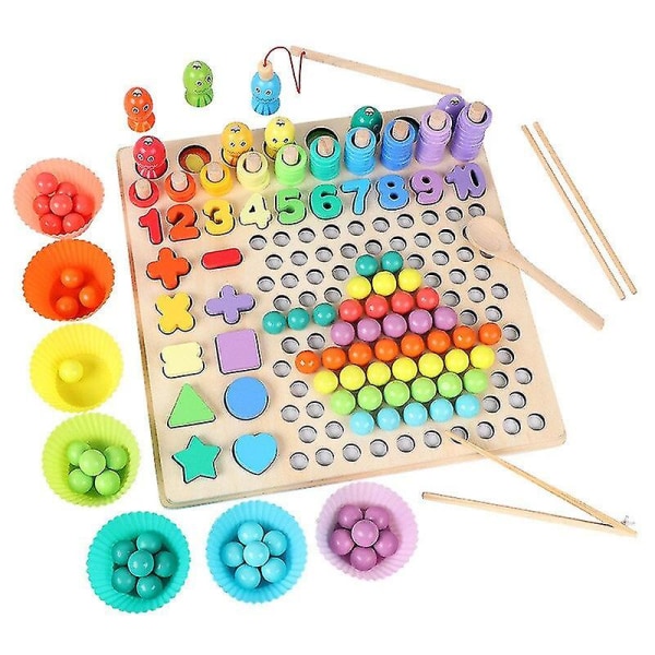 Montessori Trä Pedagogisk leksak Barn Fiske Matchande Händer Hjärnträning Klämma Pärlor Pusselbräda Math Game