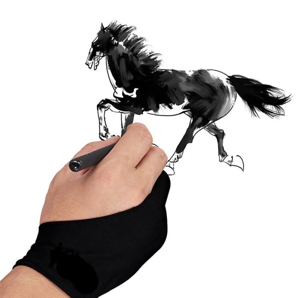 Konstnärshandske, rithandske vänster höger hand för ritplatta, 2 fingrar handske för ritning svart