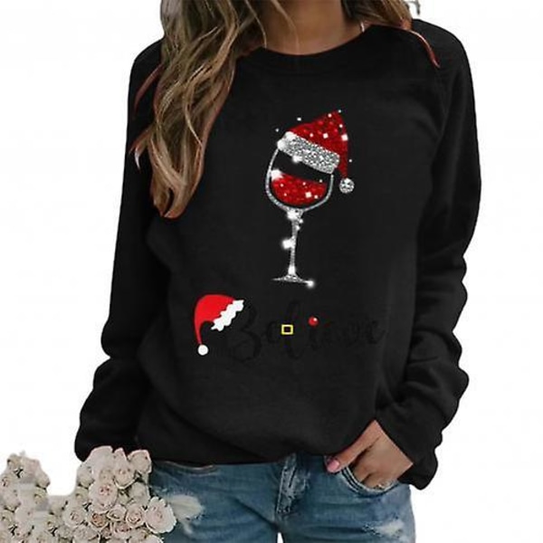 Mode Kvinder Juleprint O-hals Langærmet Pullover Top Løs Sweatshirt M