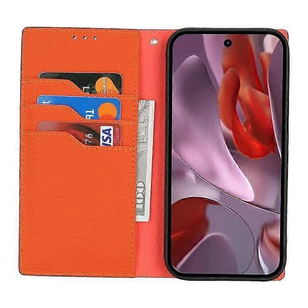För Google Pixel 9a Plånboksfodral Äkta Kohud Telefonfodral Litchi Textur Orange