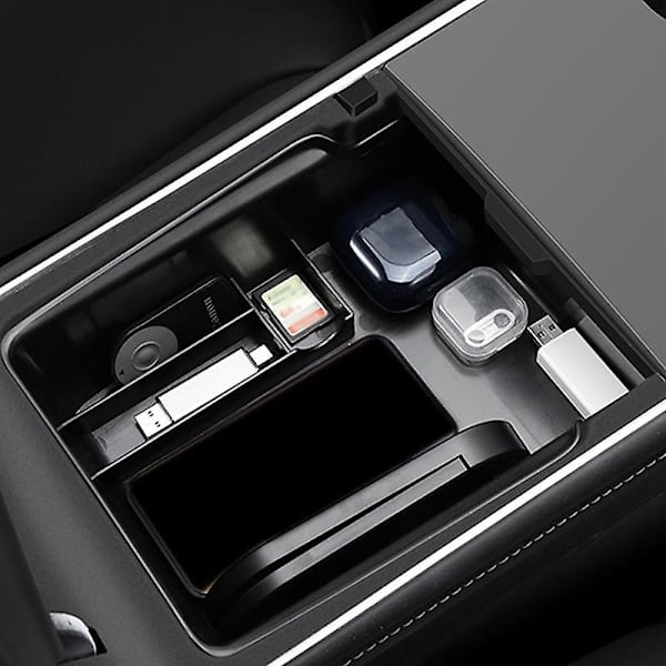 Tesla Model 3 2021 ja Model Y -auton keskikonsolin säilytyslaatikon järjestäjä, parvikangasvuorattu säilytyskotelo, auton sisätilan lisävarusteet Usb spring flocking