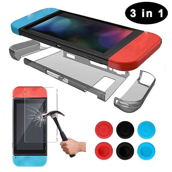 3 in 1 Nintendo Switchille: läpinäkyvä kova takakuori + karkaistu lasinen näytönsuoja + 6 kpl peukalo-otegrippejä Grey back