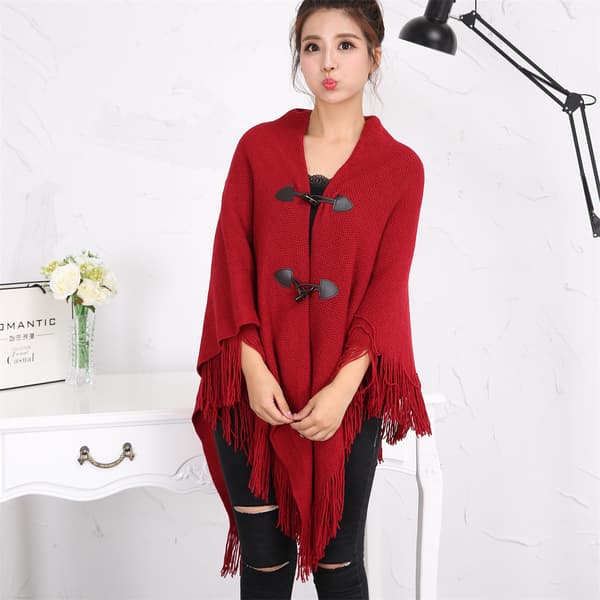 Elegant varm dame poncho sjal (rød) åben front med frynset knap til efterår vinter