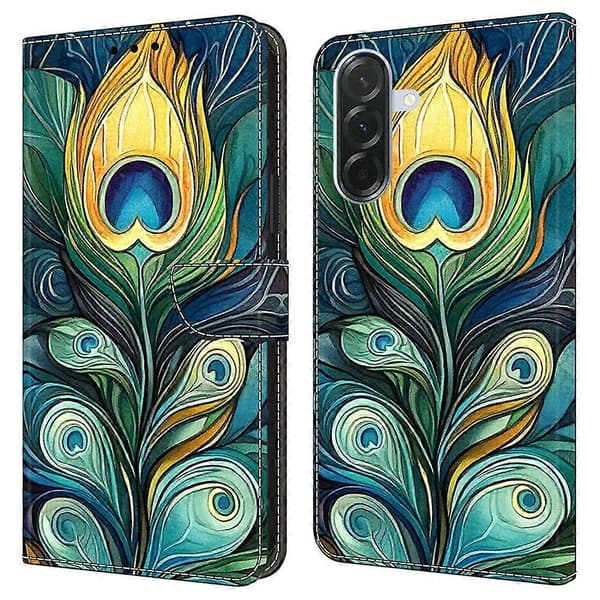För Samsung Galaxy A56 5G Läderfodral Mönstertryck Plånboksställ Flip Telefonfodral Multicolor Green Feathers