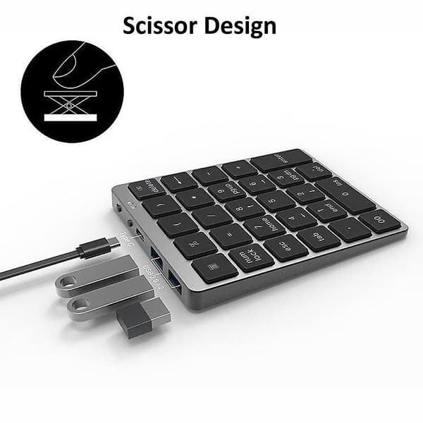 [LCS] Bluetooth numerisk tastatur bærbart tastatur med USB Hub Splitter aluminiumslegeringsdæksel (grå)