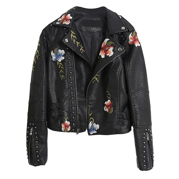 Blommig läderjacka för kvinnor, kort konstläderjacka, avslappnad jacka för vår och höst Black 2XL