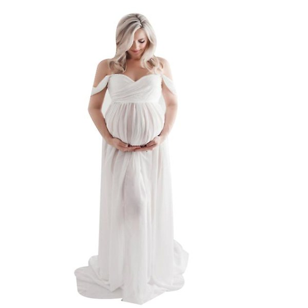 Barselskjole i chiffon med slids foran, maxi graviditetskjoler white L