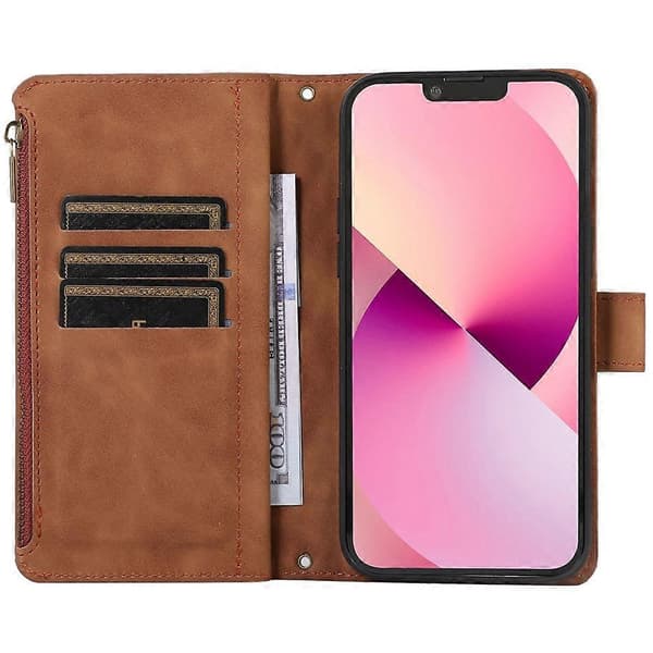 Kompatibelt etui til iPhone 11 Pro med lynlåslomme, læder, 9 kortpladser og håndledsrem Brown