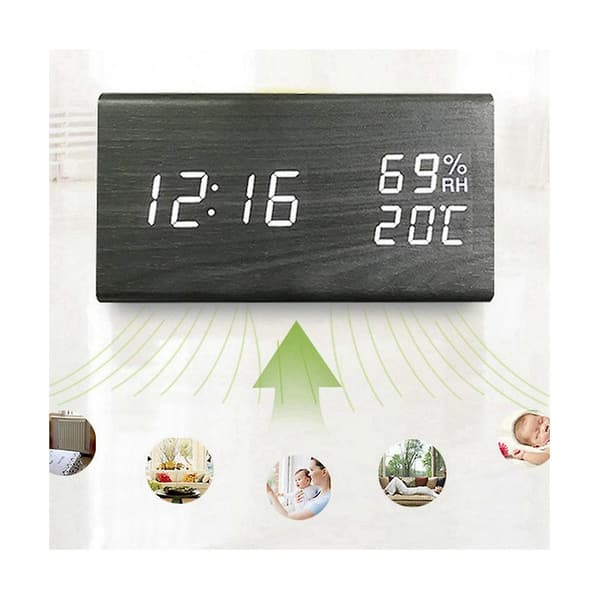 [LCS] Wooden Digital Alarm Clock, LED Desk Clock with Humidity and Temperature Display USB Power Connection