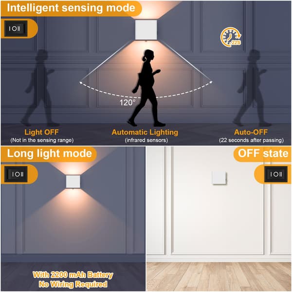 [LCS] Indoor Wall Lamp, 2 Pack, Wall Lamp with Motion Sensor, Rechargeable LED, 3000K Warm White Light, Wireless, Adjustable Beam Angle (White)