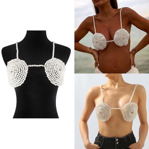 [LCS] Perle Brystkæde Undertøj BH Bikini Kæde BH Kropskæde Perle Bralette Top White