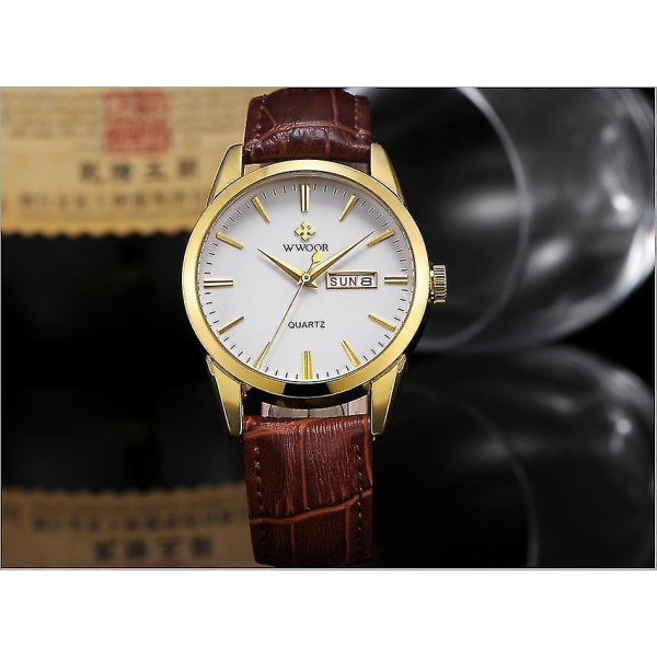 WWOOR 8801 Kalender Affärsstil Herr Armbandsur Läderarmband Quartz Wa