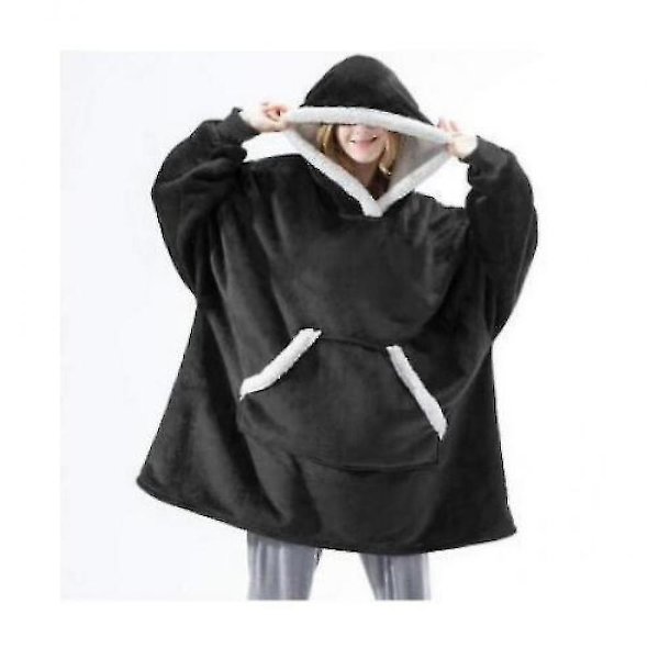 Tykk pyjamas for kvinner kan brukes som kasjmir-koseteppe, avslappet plysjgenser med hette for hjemmebruk Black