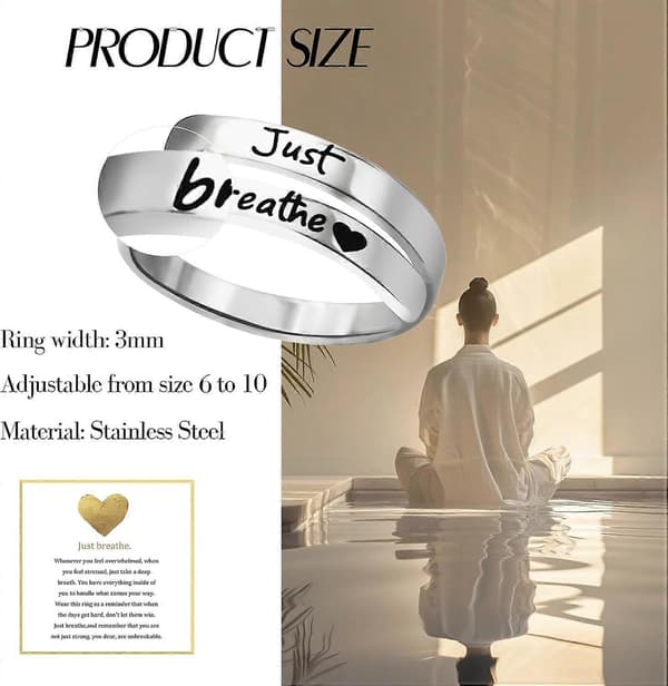 Just Breathe Ring til Kvinder, Justerbar Hjertering, Spiralviklede Helbredende Ringe i Rustfrit Stål, Inspirerende & Hjertevarm Gave Silver One Size