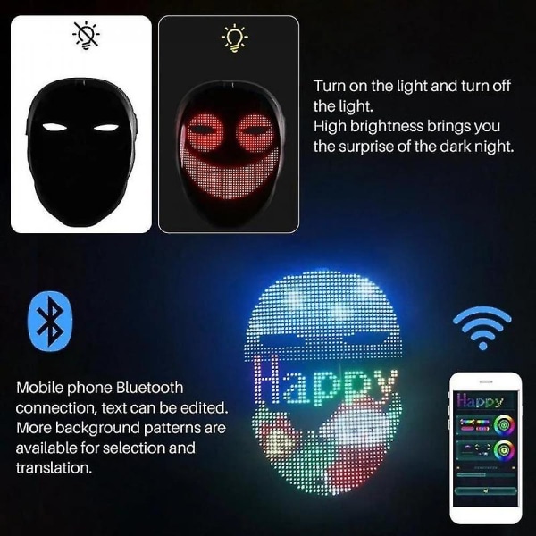 Halloween Led Bluetooth Party Diy Full Color Display Luminous Prank Mask