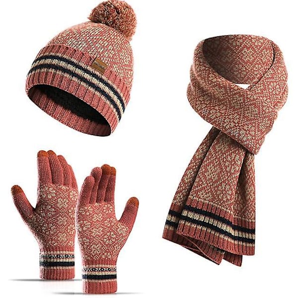 3 st Vinterstickad Mössa Halsduk och Handskar Set för Män Kvinnor rose red