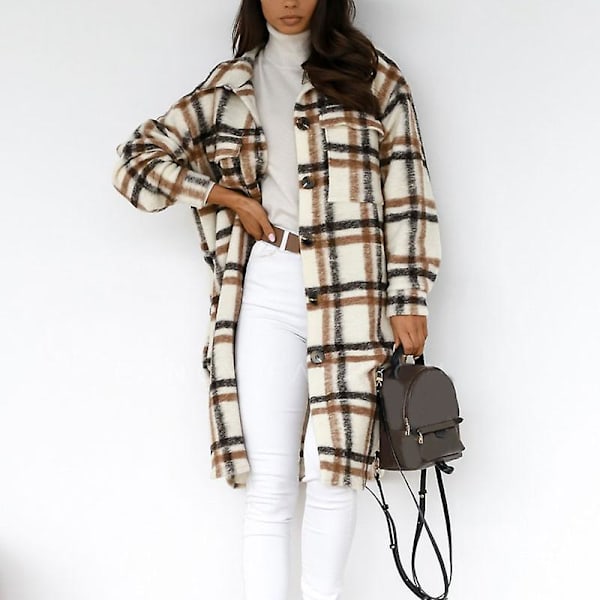 Dame Casual Varm Letvægts Knap Ned Plaid Langærmet Jakke Frakke Almindelig Pasform Til Hjem Og Brown 2XL