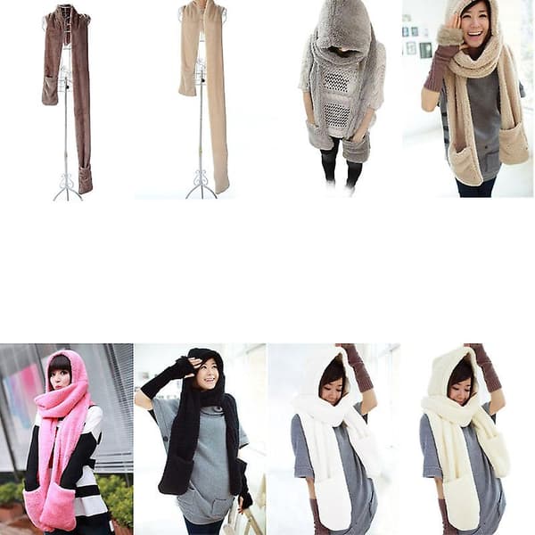[LCS] Vintervarm hettegenser for kvinner, hansker, lomme, øreklaffhatt, langt skjerf, sjal, snood-omslag Coffee