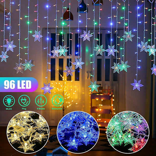 96 LED Snefnug Fe Lyskæde Gardin Vindue 8 Tilstande Julefest Dekoration Colorful EU
