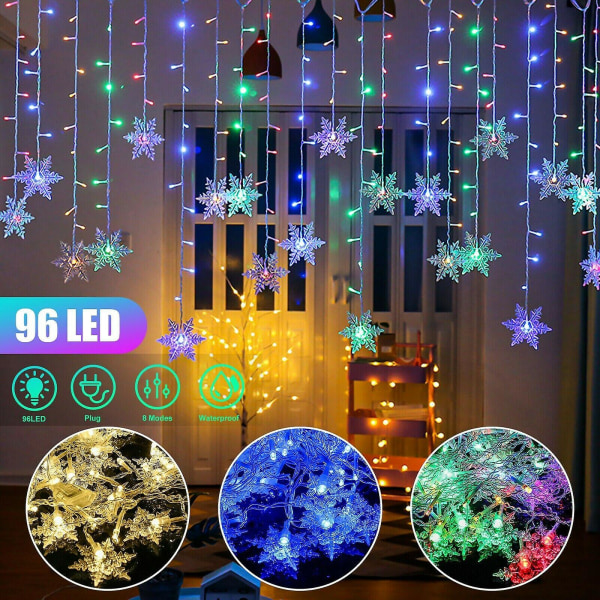 96 LED Snöflinga Ljusslinga Gardin Fönster 8 Lägen Juldekoration Colorful UK
