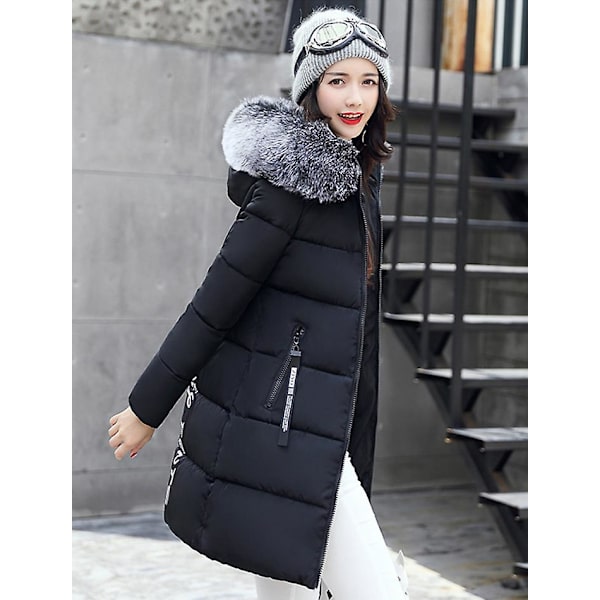 [LCS] Dam Pufferjacka Vinter Lång Kappa Normal Passform Varm Basic Casual Jacka Black XL