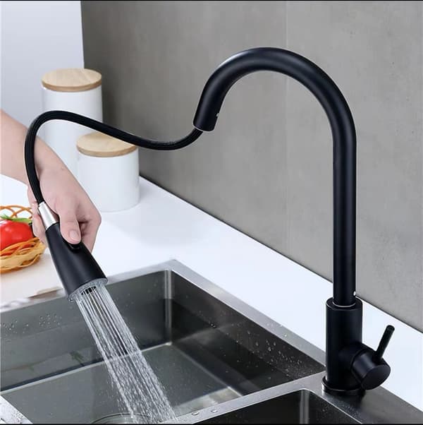 [LCS]Black kitchen faucet, mixer with pull-out spray head, two spray modes, high spout, corrosion resistant.